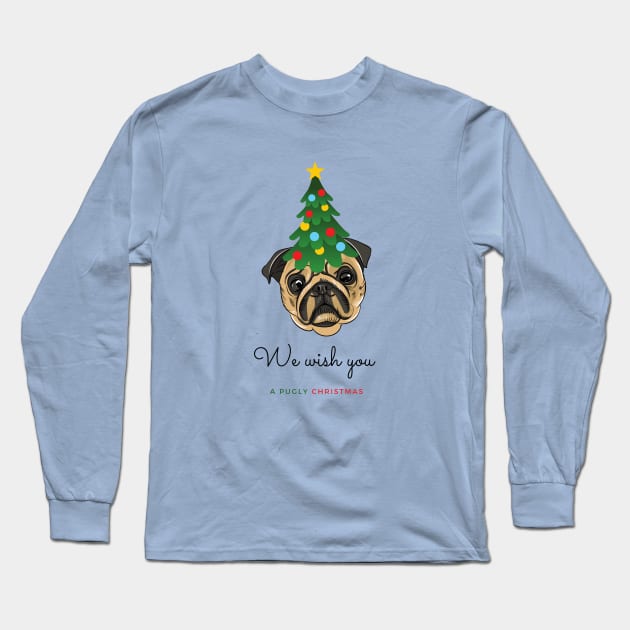 We Wish You a Pugly Christmas Pug Dog with Festive Tree on its Head Long Sleeve T-Shirt by Seasonal Dogs